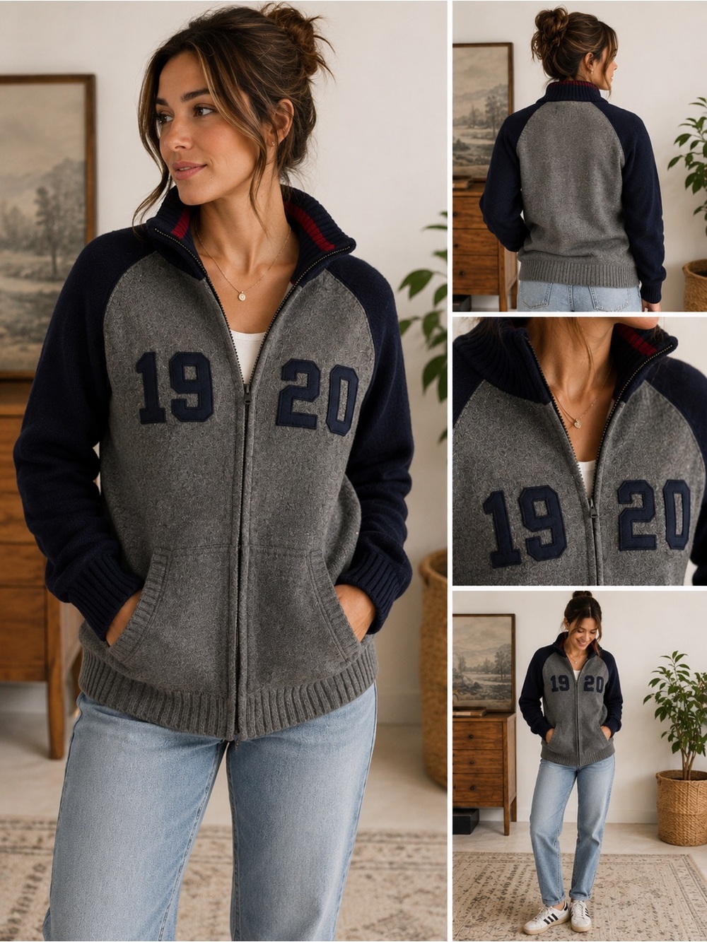 Eddie Bauer Sport Shop 1920 Merino Wool Full Zip Sweater Jacket XL Gray Navy Var